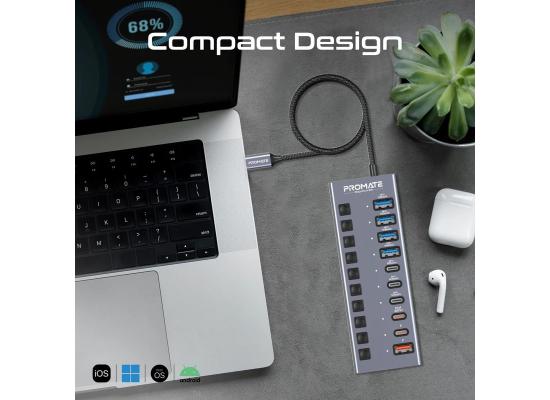 Promate GegaHub-5G 10-in-1 USB-C multiport Hub, 3 USB-C and 4 USB-A ports with 5Gbps Data Transfer, Fast charging USB-C and USB-A ports, 20W USB-C PD Port